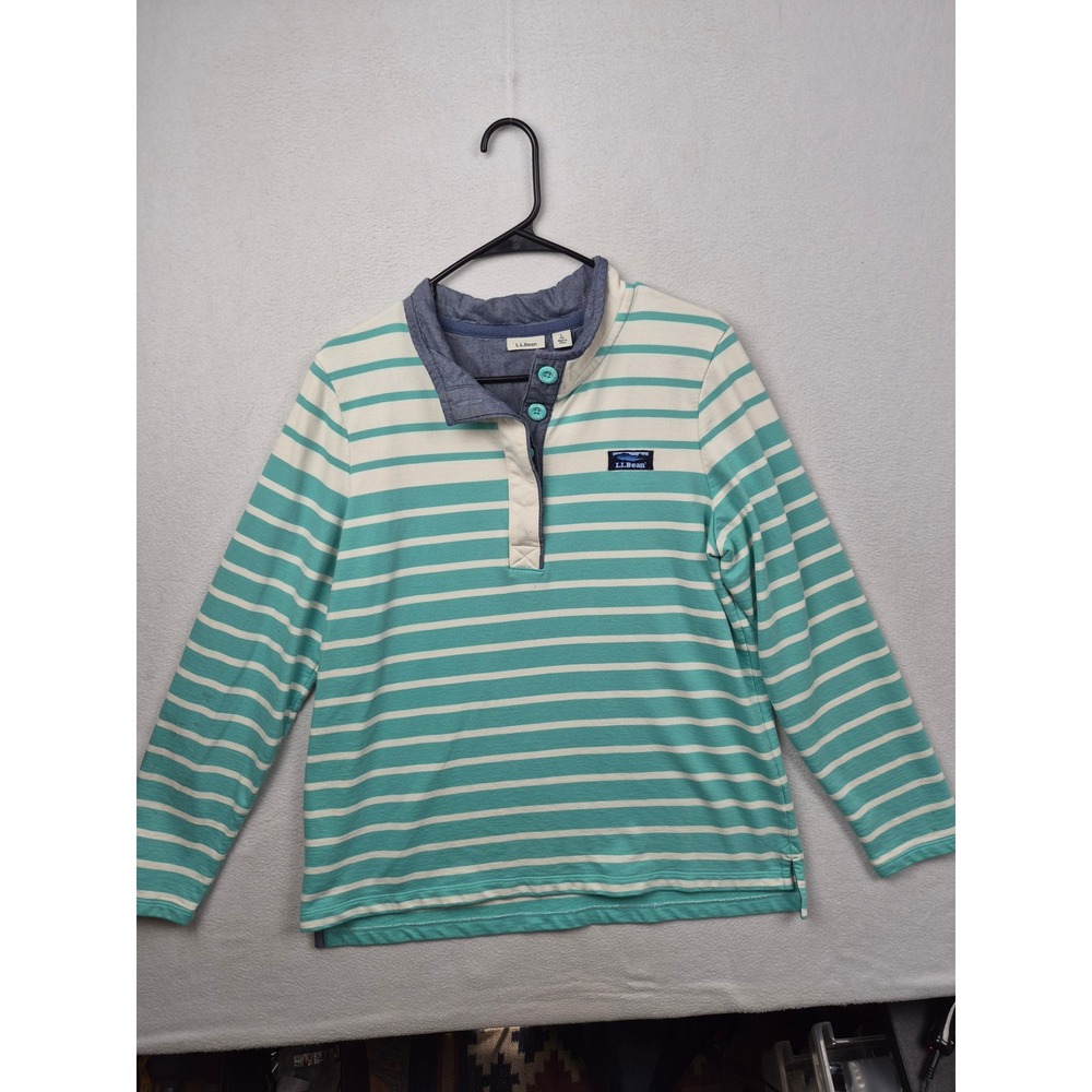 LL Bean Soft Cotton Rugby Henley Shirt Womens L Teal Cream Stripe Preppy